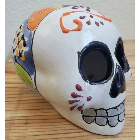 Talavera Pottery Skull Mexican Day Of The Dead Painted Wall Art Mask Handmade - Picture 4 of 9